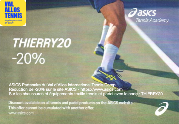 Carte de promotion des équipement de tennis ASICS partenaire des stages de tennis en france dans le Val d'Allos